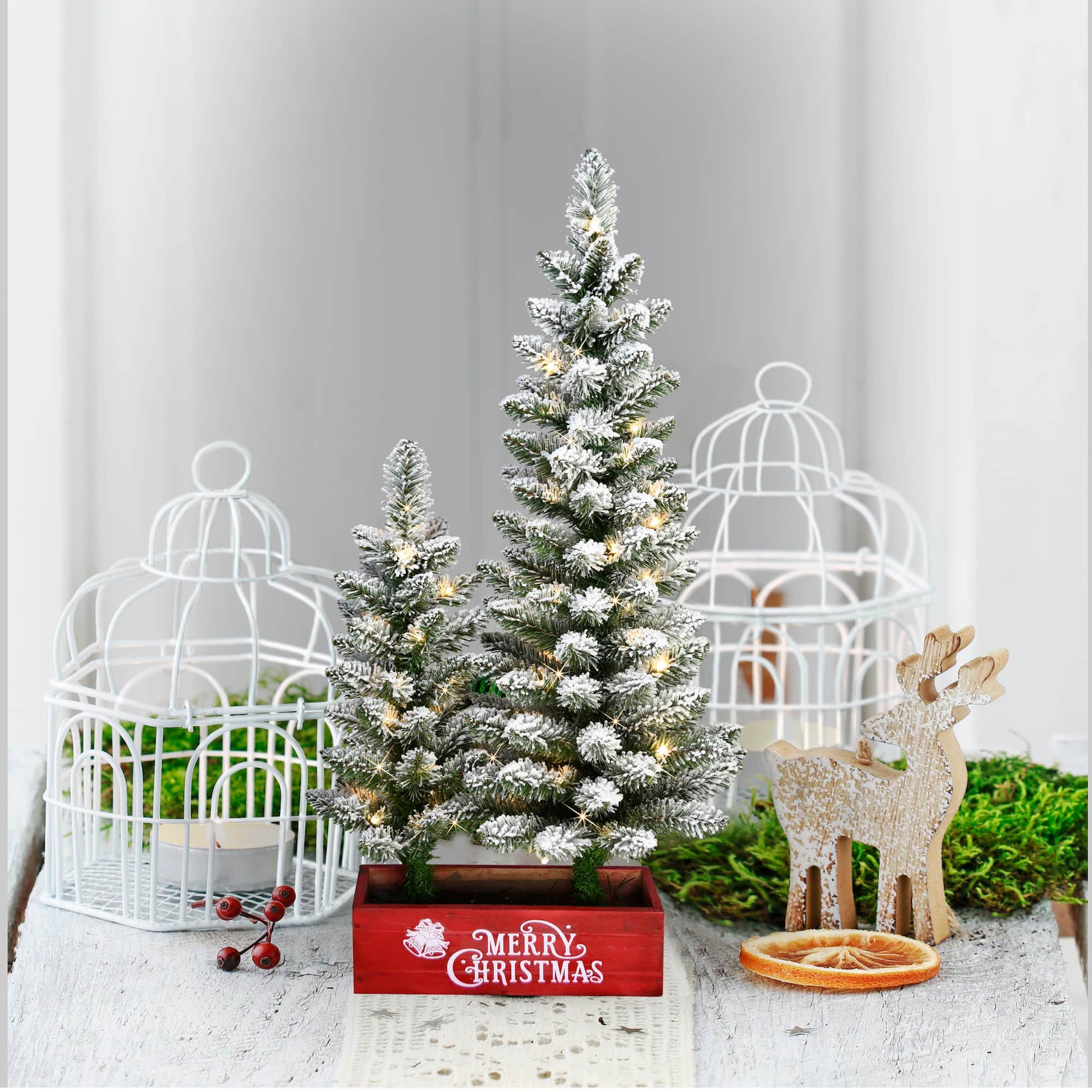 6 Pack: Pre-Lit Flocked Artificial Christmas Tree Set in Red Box Planter, Warm White LED Lights